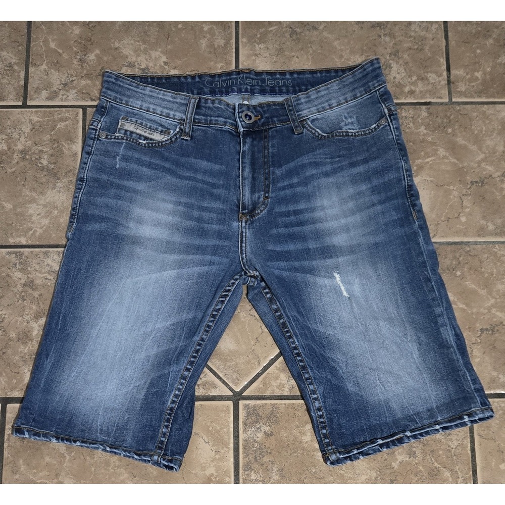 Calvin Klein Jeans Mens Denim Shorts Blue Distressed Size 30 Medium Wash